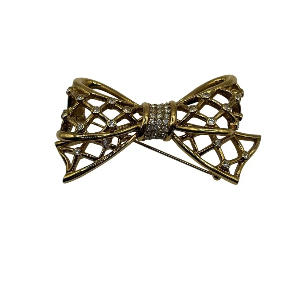 Swan Signed SWAROVSKI Open Bow Brooch Pin Icy Clear Crystals‎ Gold Tone Ribbon